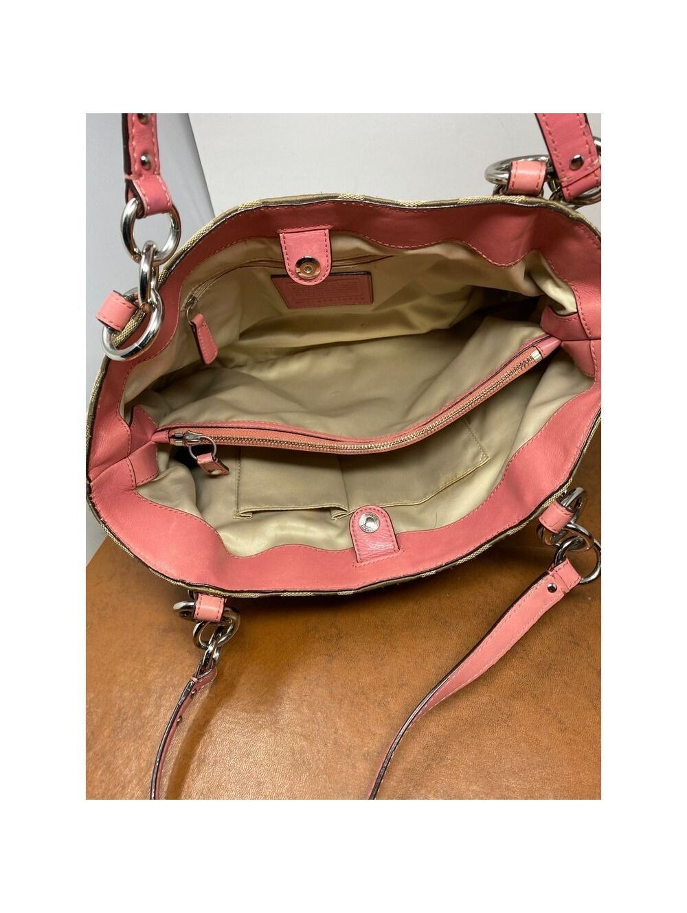 Coach Signature C Monogram Pink Leather Trim Tote Bag Purse - Picture 4 of 6